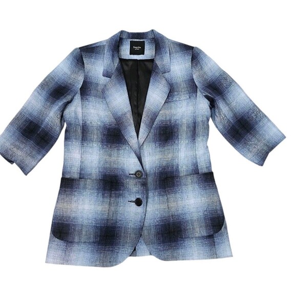 Smythe Blazer 100% Linen Shadow Plaid Tartan Blue Black Half Sleeve Pockets - Picture 7 of 16